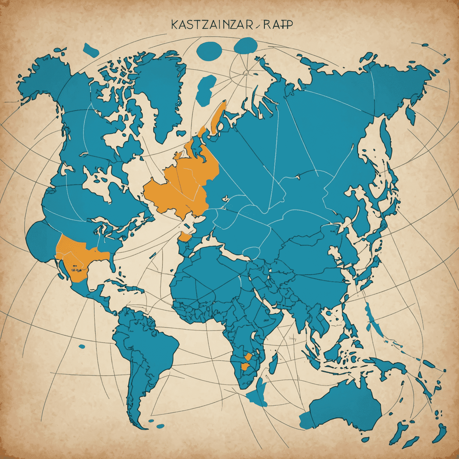 Карта мира с выделенным Казахстаном и линиями, соединяющими его с другими странами, символизирующими глобальное влияние Pinup-Mob